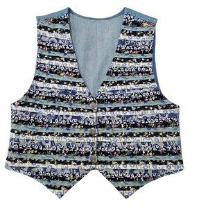 Vintage Boho Cottagecore Large Floral Patchwork Stripes Vest Embroidered Blue